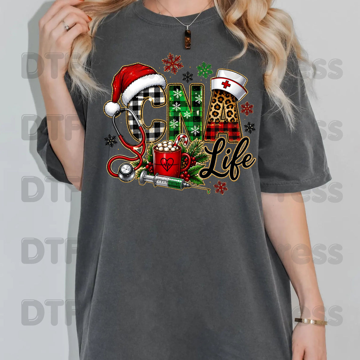 Christmas CNA Life DTF Transfers, Nursing Medical Leopard Plaid Stethoscope Holiday Ready to Press