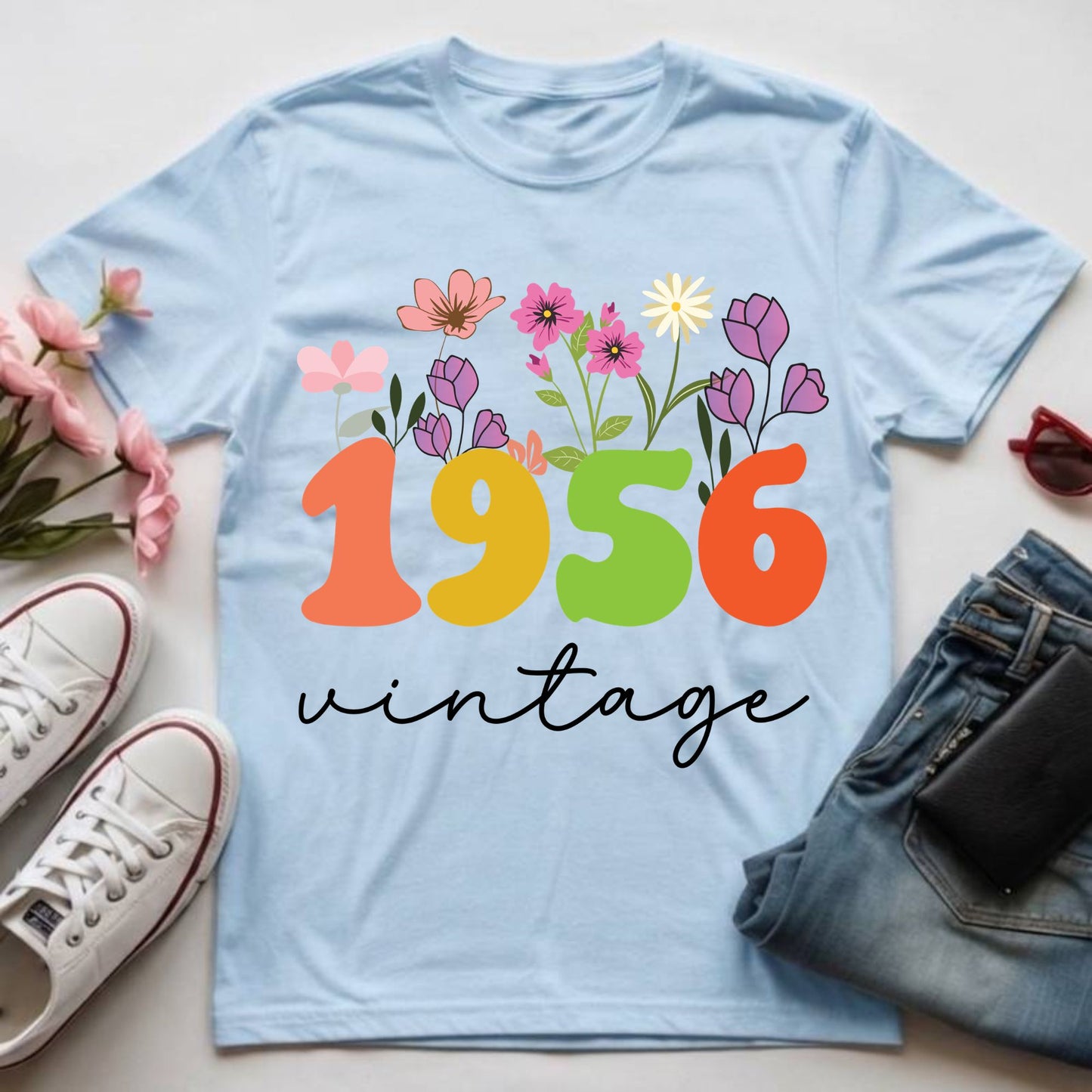 70th Birthday Shirt Women Made in 1956 T-Shirt 70 Years Loved Floral Birthday Gift