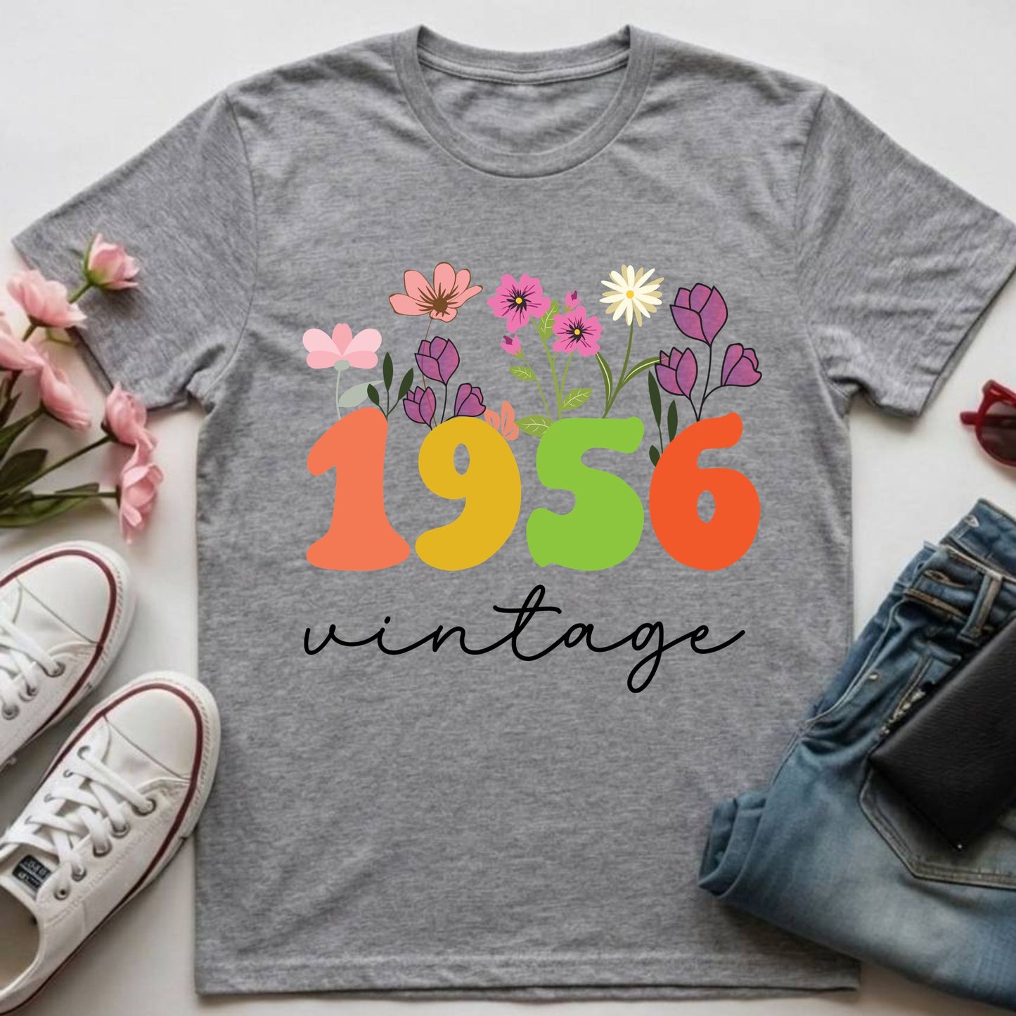 70th Birthday Shirt Women Made in 1956 T-Shirt 70 Years Loved Floral Birthday Gift
