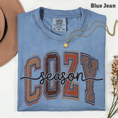 Cozy Season Fall T-Shirt, Distressed Varsity Letters Autumn Neutral Tones Tee