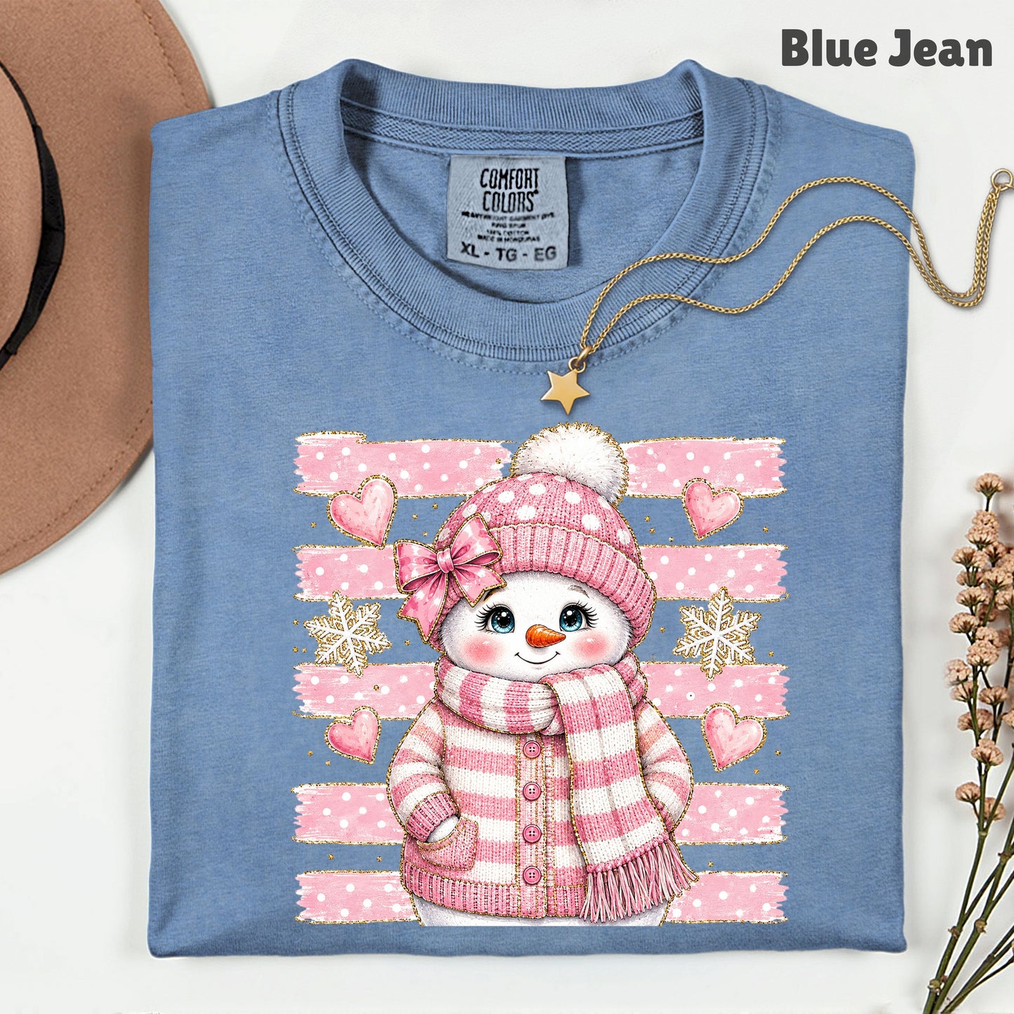 Cute Pink Snowgirl Winter T-Shirt, Snowman Beanie Bow Pink Stripes Hearts Tee