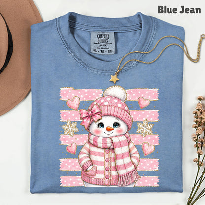Cute Pink Snowgirl Winter T-Shirt, Snowman Beanie Bow Pink Stripes Hearts Tee