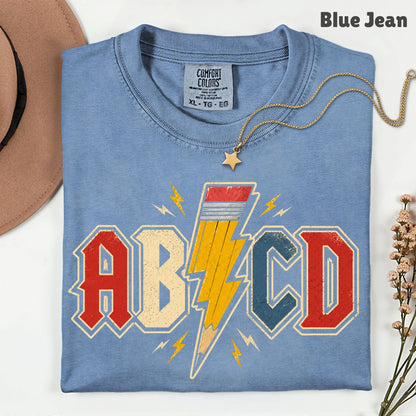 AB CD Lightning Bolt Pencil Teacher T-Shirt, Rock N Roll Back to School Comfort Color Tee