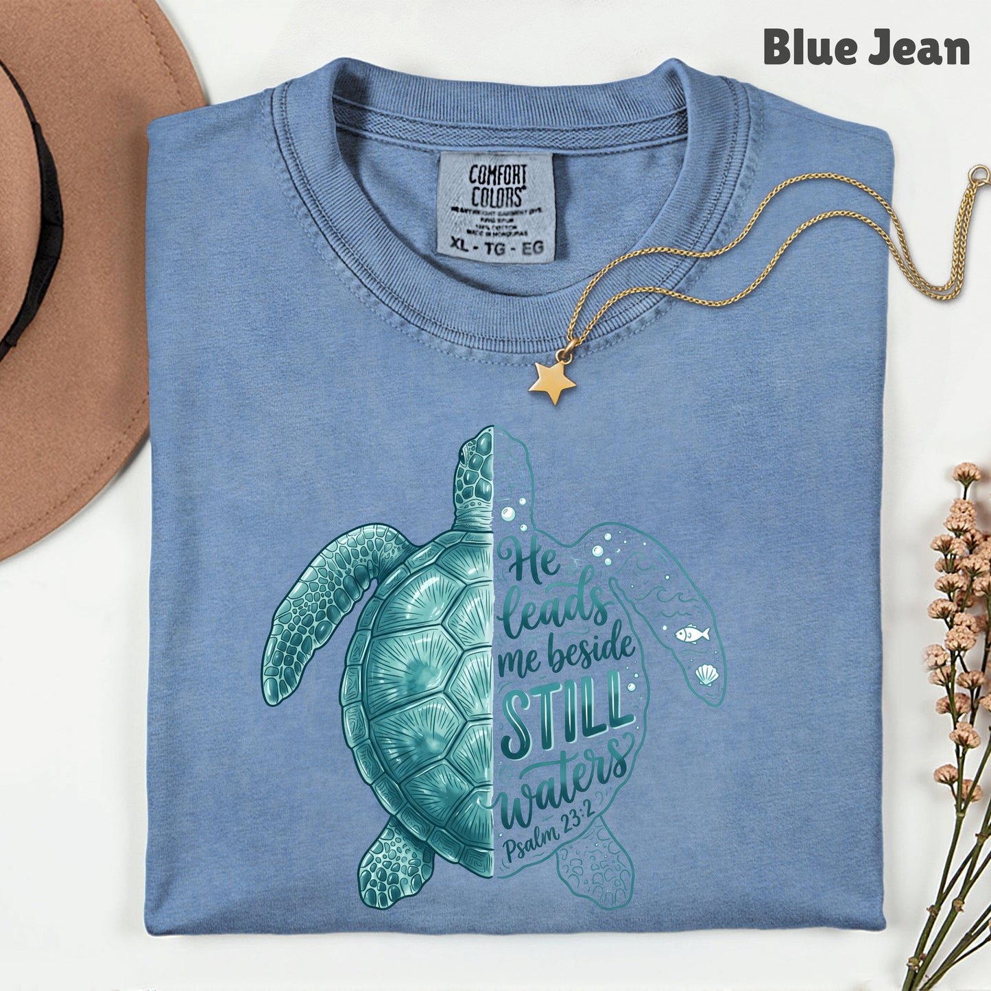 Christian Sea Turtle Psalm 23 T-Shirt, He Leads Me Beside Still Waters Faith Tee