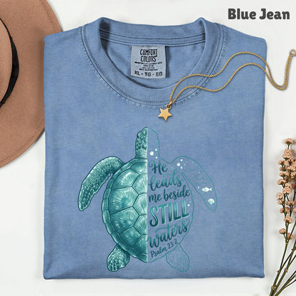 Christian Sea Turtle Psalm 23 T-Shirt, He Leads Me Beside Still Waters Faith Tee