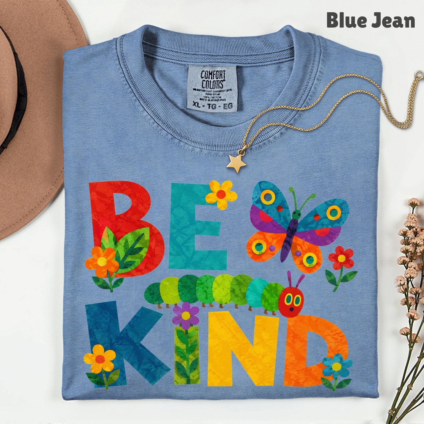 Be Kind Caterpillar Butterfly T-Shirt, Colorful Flowers Storybook Teacher Comfort Color Tee