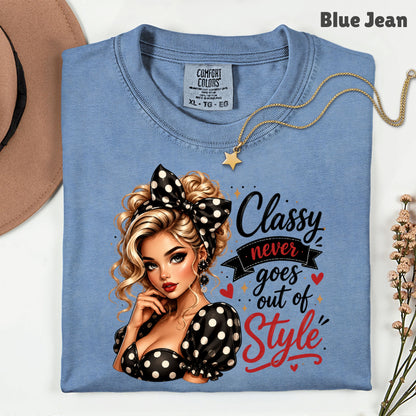 Classy Never Goes Out of Style Pinup Girl T-Shirt, Vintage Polka Dot Bow Tee Sweatshirt