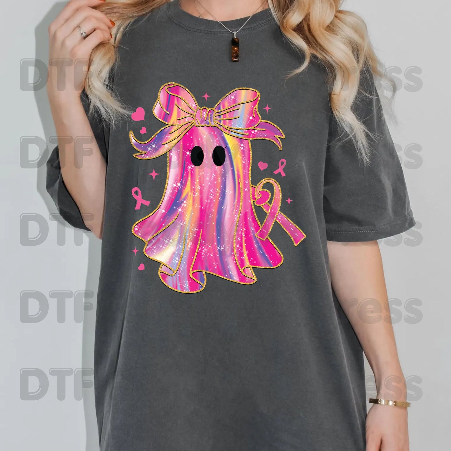 Glitter Pink Ghost Breast Cancer Awareness DTF Transfer Ready to Press Heat Transfer Bow Tee