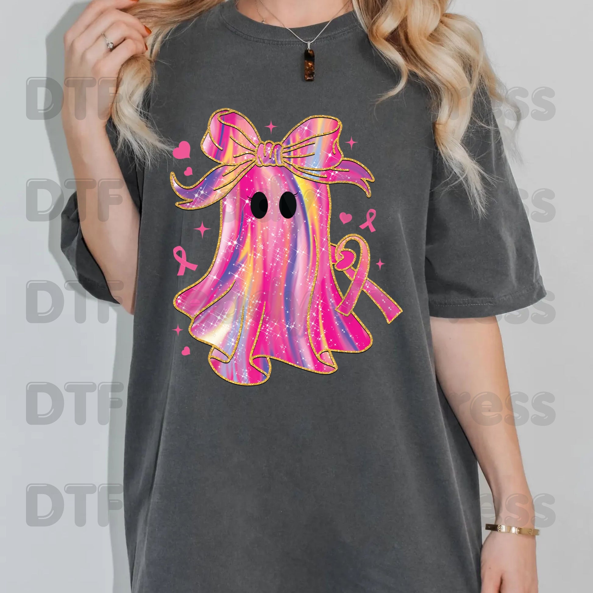 Glitter Pink Ghost Breast Cancer Awareness DTF Transfer Ready to Press Heat Transfer Bow Tee