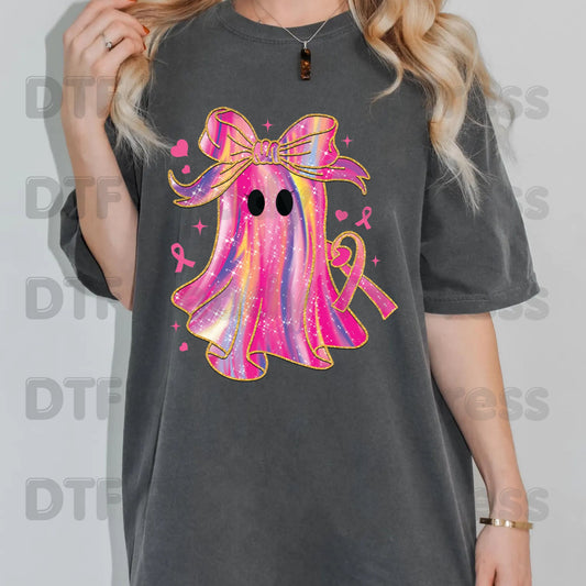 Glitter Pink Ghost Breast Cancer Awareness DTF Transfer Ready to Press Heat Transfer Bow Tee
