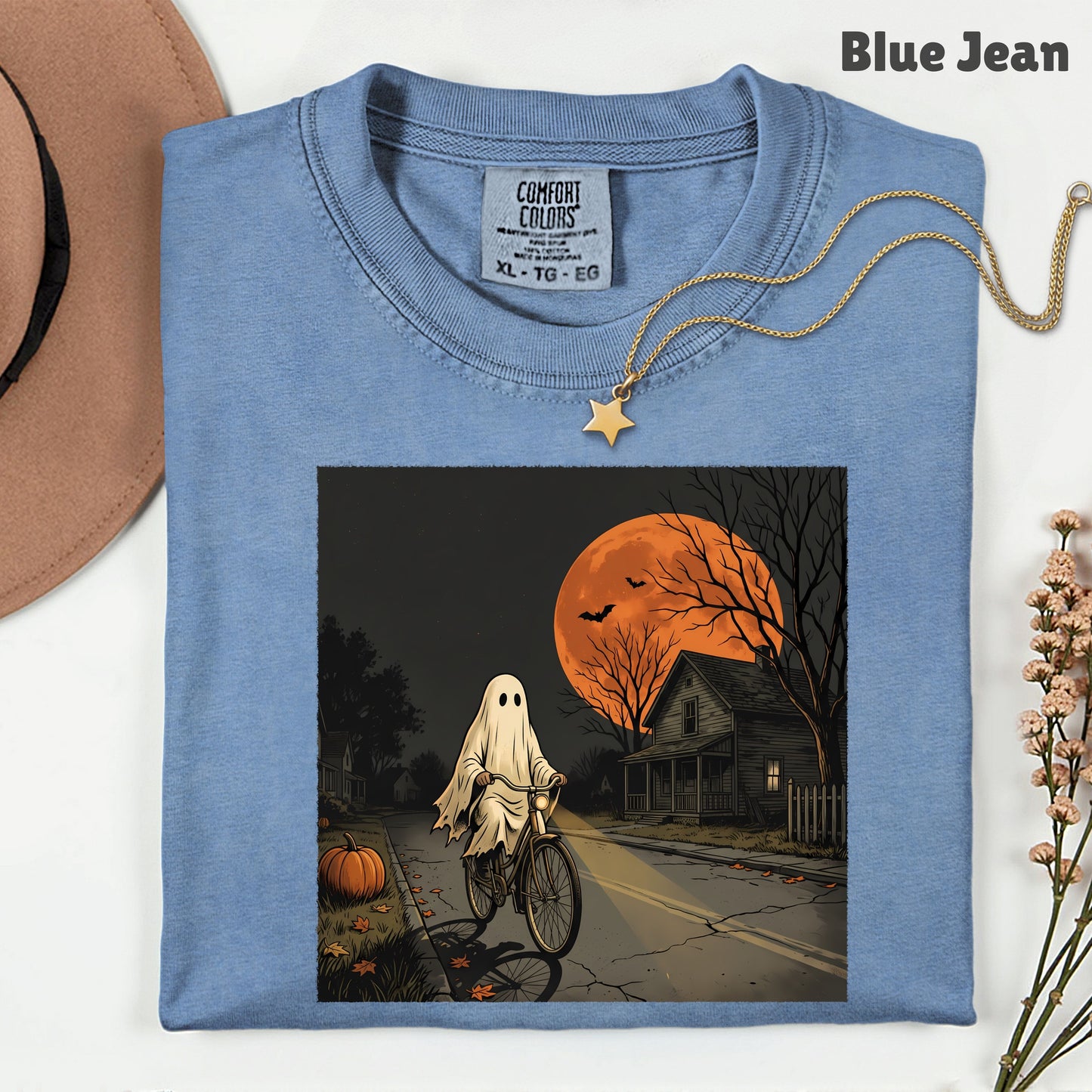 Ghost Riding Bike Halloween T-Shirt, Haunted House Orange Harvest Moon Tee Sweatshirt