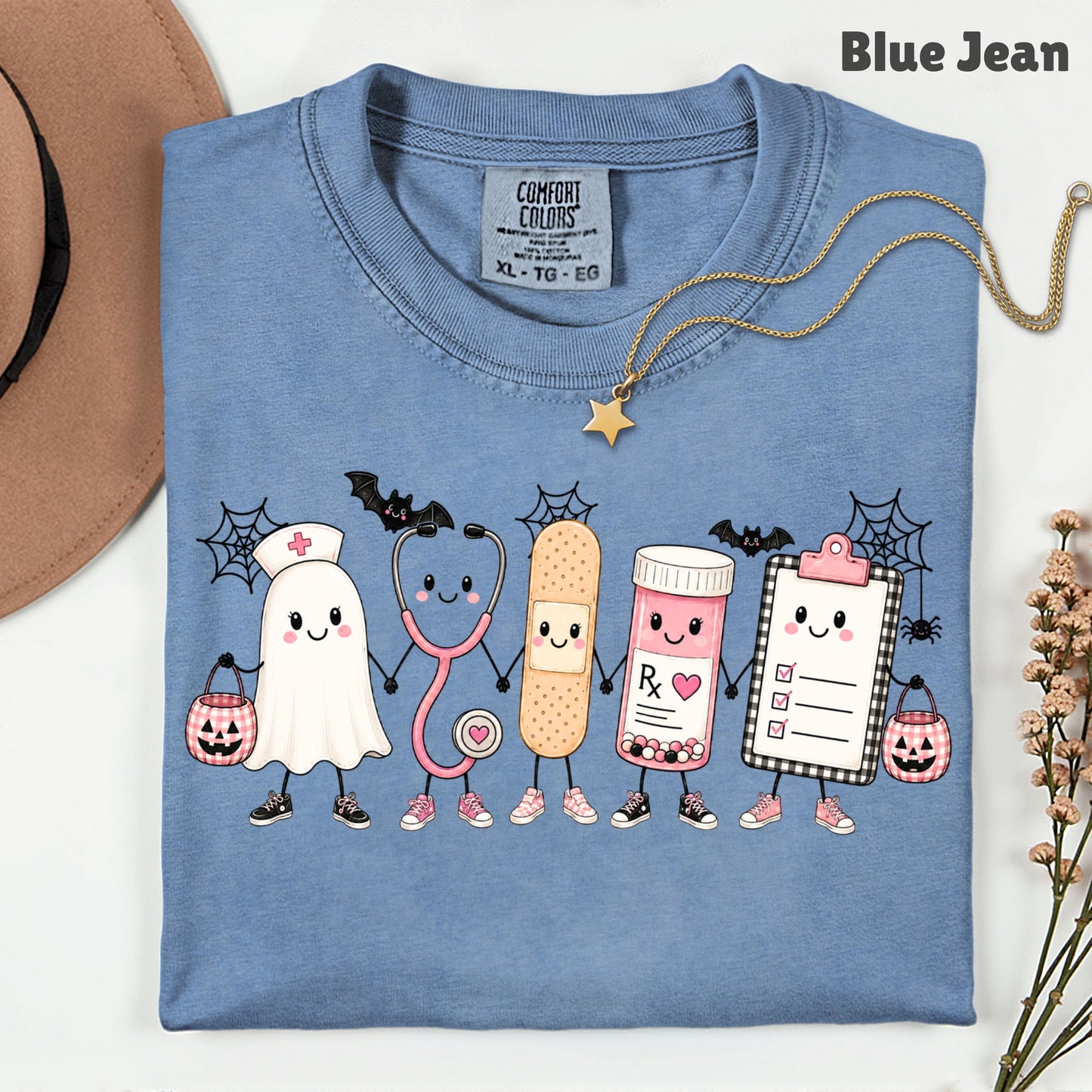 Pink Spooky Nurse Squad Halloween T-Shirt, Ghost Stethoscope Medical Bandage Tee