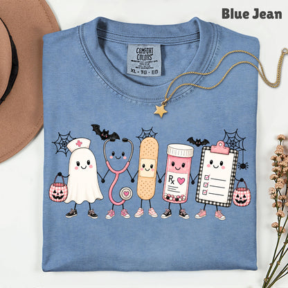 Pink Spooky Nurse Squad Halloween T-Shirt, Ghost Stethoscope Medical Bandage Tee