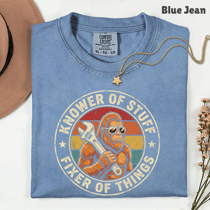 Funny Bigfoot Knower of Stuff Fixer of Things T-Shirt, Retro Sasquatch Wrench Sunglasses Dad Handyman Tee