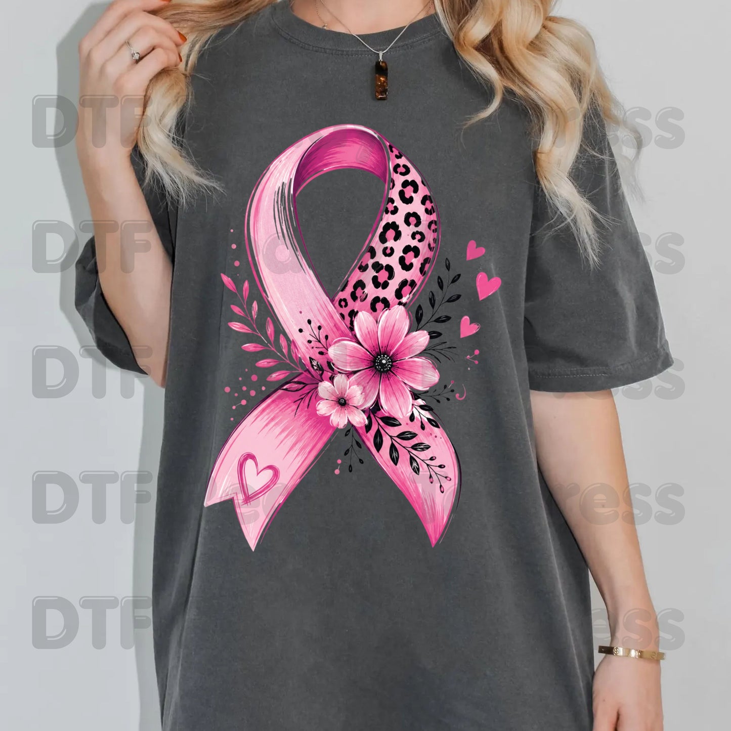 Leopard Floral Pink Ribbon Breast Cancer Awareness DTF Transfer Ready to Press Heat Transfer Tee
