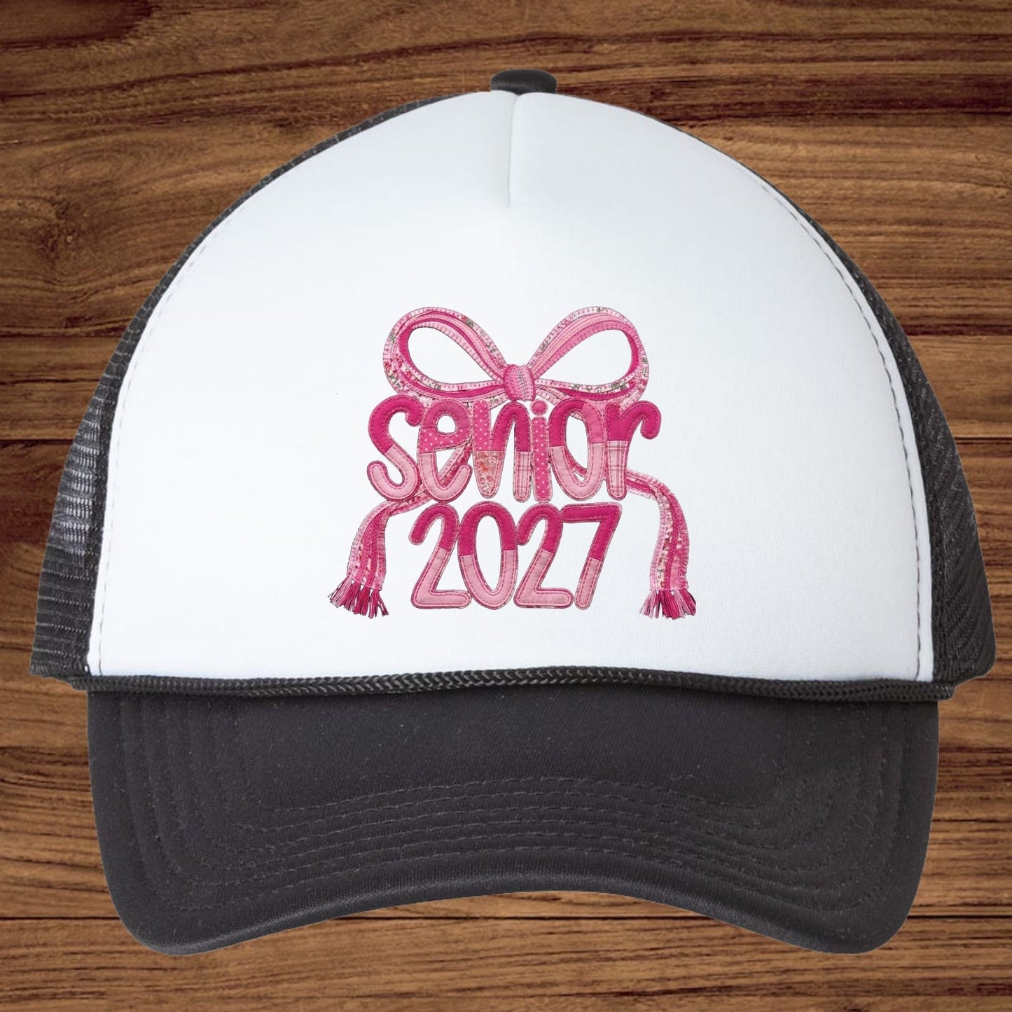 Senior 2027 DTF Transfer Ready to Press Graduation Heat Transfer for Shirts Pink Quilted Stitch Bow Patch Graphic Tee