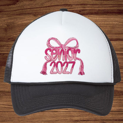 Senior 2027 DTF Transfer Ready to Press Graduation Heat Transfer for Shirts Pink Quilted Stitch Bow Patch Graphic Tee