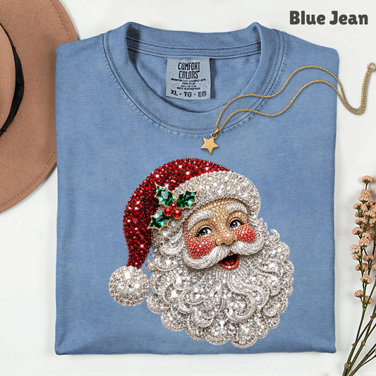 Christmas Santa Claus Vintage T-Shirt, Bejeweled Rhinestone Santa Head Festive Holiday Tee