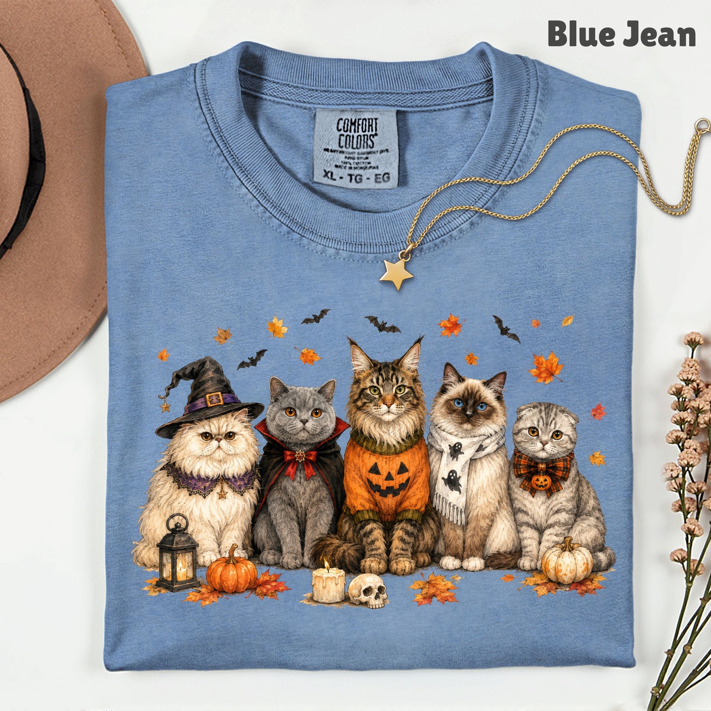 Halloween Cats Comfort Colors T Shirts Cute Witchy Kitty Sweater Tee Spooky Pumpkin Vampire Cat Shirt Autumn Fall Leaves Graphic Gifts
