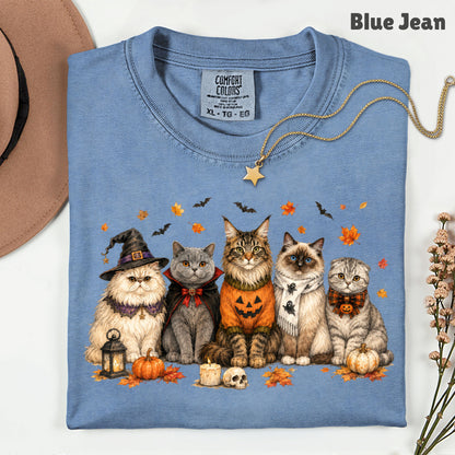 Halloween Cats Comfort Colors T Shirts Cute Witchy Kitty Sweater Tee Spooky Pumpkin Vampire Cat Shirt Autumn Fall Leaves Graphic Gifts