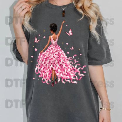 Black Woman Pink Ribbon Dress Breast Cancer Awareness DTF Transfer Ready to Press Heat Transfer Survivor Tee