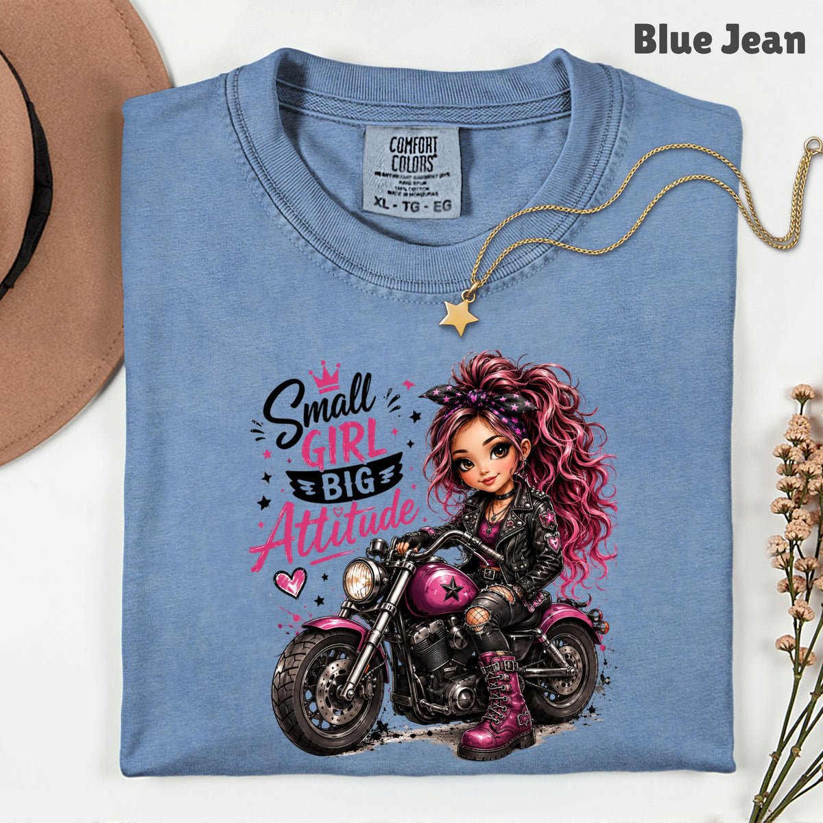 Small Girl Big Attitude Biker Girl T-Shirt, Pink Motorcycle Cute Rocker Tee