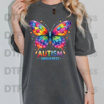Autism Awareness DTF Transfer Ready to Press Rainbow Butterfly Puzzle Pieces Heat Transfer Tee Print Direct to Film Transfer