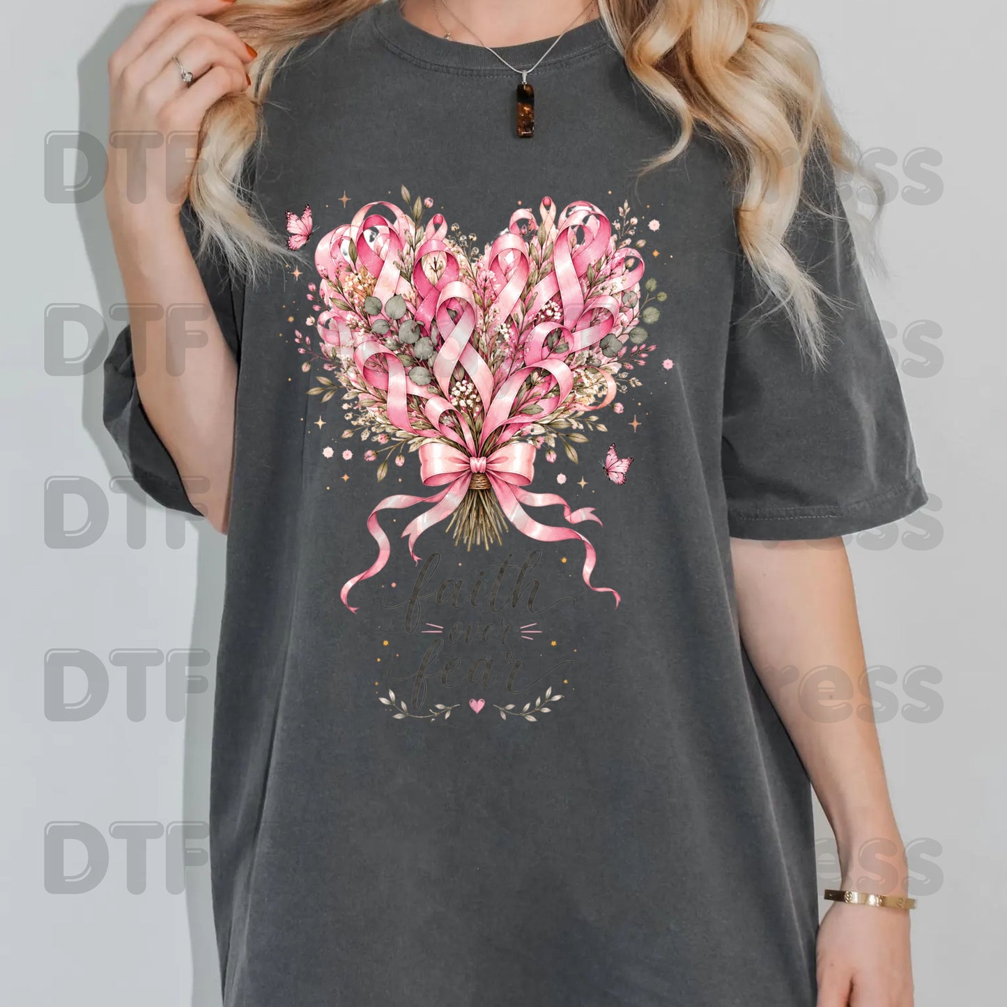 Faith Over Fear Breast Cancer Awareness DTF Transfer Ready to Press Heat Transfer Pink Ribbon Bouquet Tee