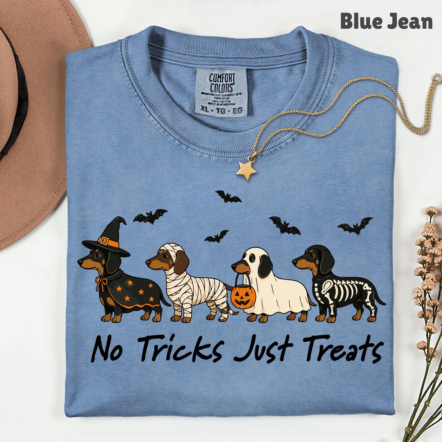 Dachshund Halloween Comfort Colors T Shirts No Tricks Just Treats Costume Tee Cute Ghost Mummy Witch Skeleton Dog Shirt Spooky Wiener Dog Hoodie