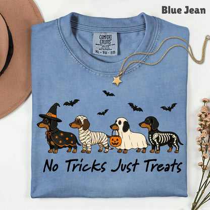 Dachshund Halloween Comfort Colors T Shirts No Tricks Just Treats Costume Tee Cute Ghost Mummy Witch Skeleton Dog Shirt Spooky Wiener Dog Hoodie