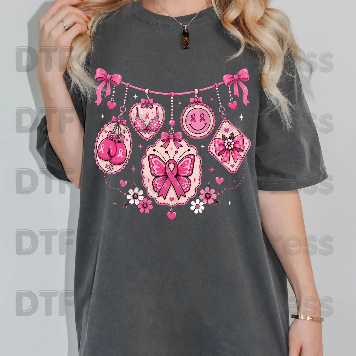 Pink Ribbon Breast Cancer Awareness Charms DTF Transfer Ready to Press Heat Transfer Butterfly Bow Tee