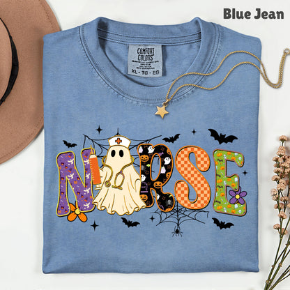 Halloween Nurse Ghost T-Shirt, Spooky Nurse Life Hat Syringe Bats Tee