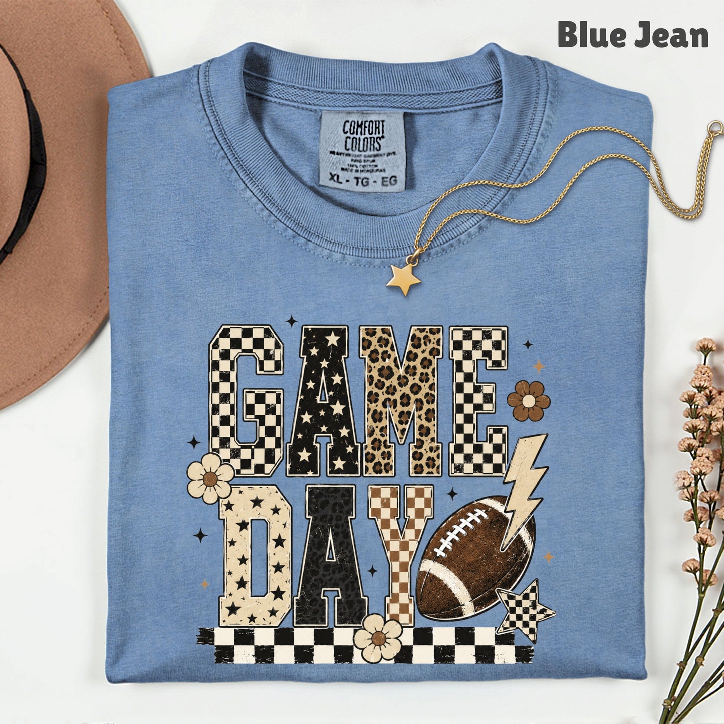 Game Day Leopard Football T-Shirt, Checkered Lightning Bolt Retro Western Tee Sweatshirt