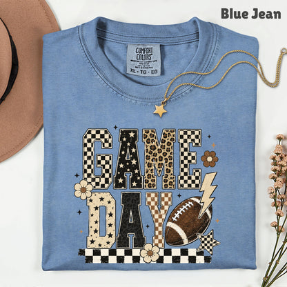 Game Day Leopard Football T-Shirt, Checkered Lightning Bolt Retro Western Tee Sweatshirt