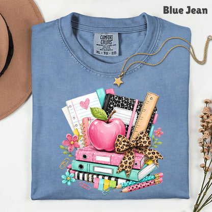 Pink Apple School Supplies T-Shirt, Books Leopard Bow Back to School Teacher Tee