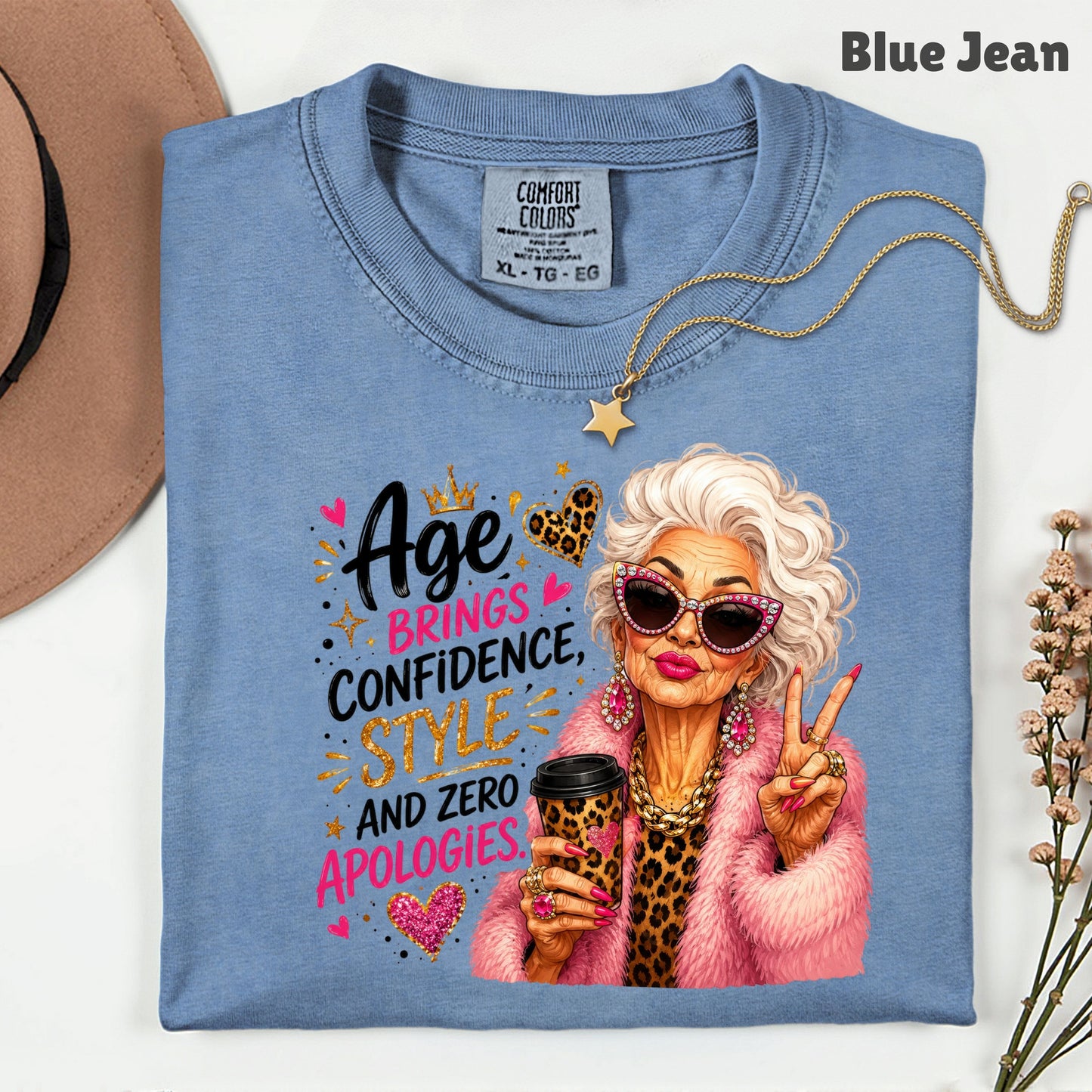 Age Brings Confidence Senior Woman T-Shirt, Fabulous Glam Leopard Coffee Comfort Color Tee