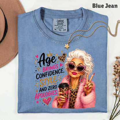 Age Brings Confidence Senior Woman T-Shirt, Fabulous Glam Leopard Coffee Comfort Color Tee