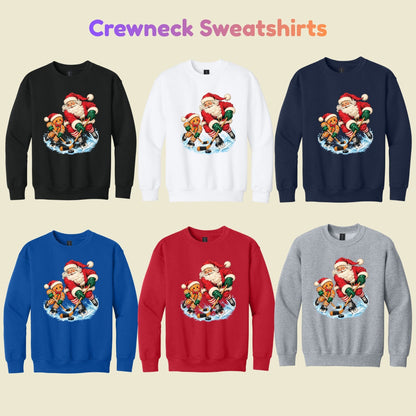 Christmas Hockey T-Shirt, Santa and Gingerbread Man Playing Hockey, Funny Holiday Sports Tee