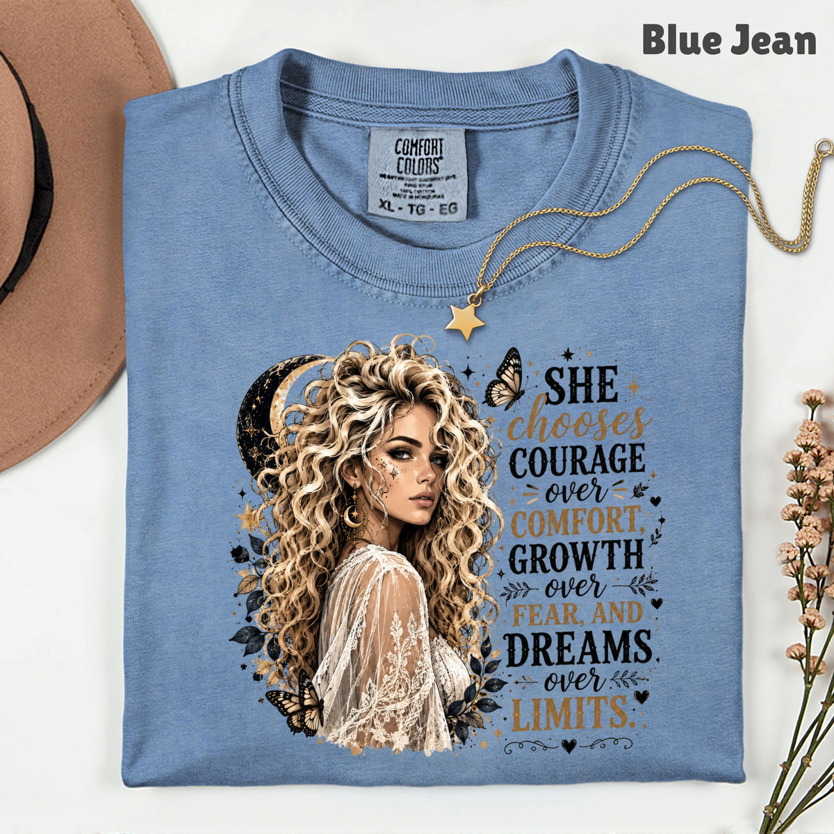 She Chooses Courage Inspirational T-Shirt, Blonde Woman Butterfly Crescent Moon Tee Sweatshirt