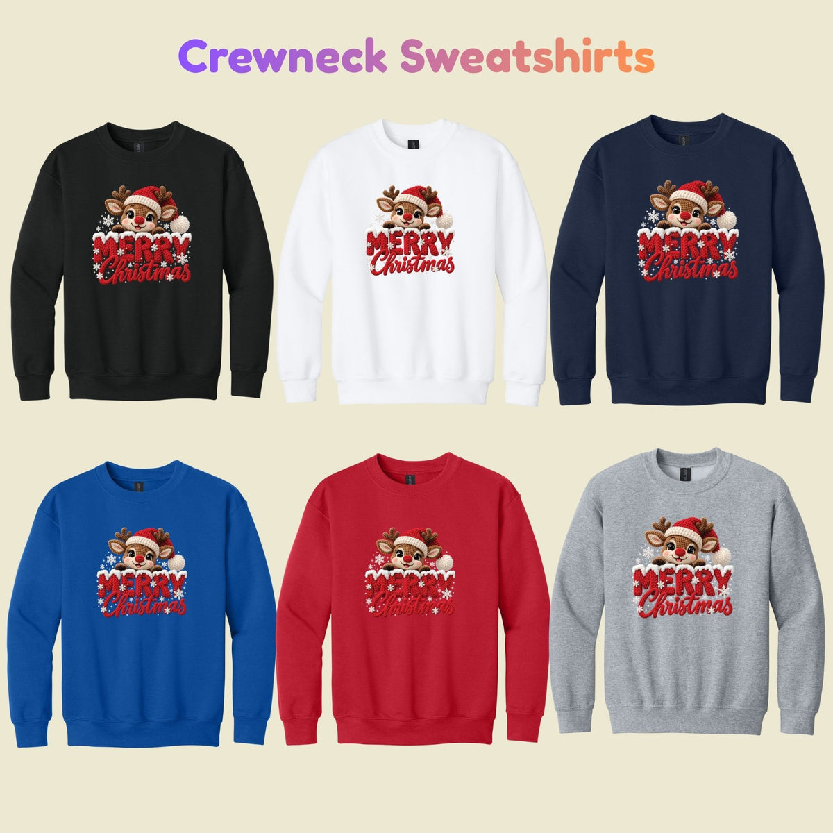 Cute Reindeer Christmas T-Shirt, Santa Hat Knitted Lettering Tee, Cozy Holiday Sweatshirt