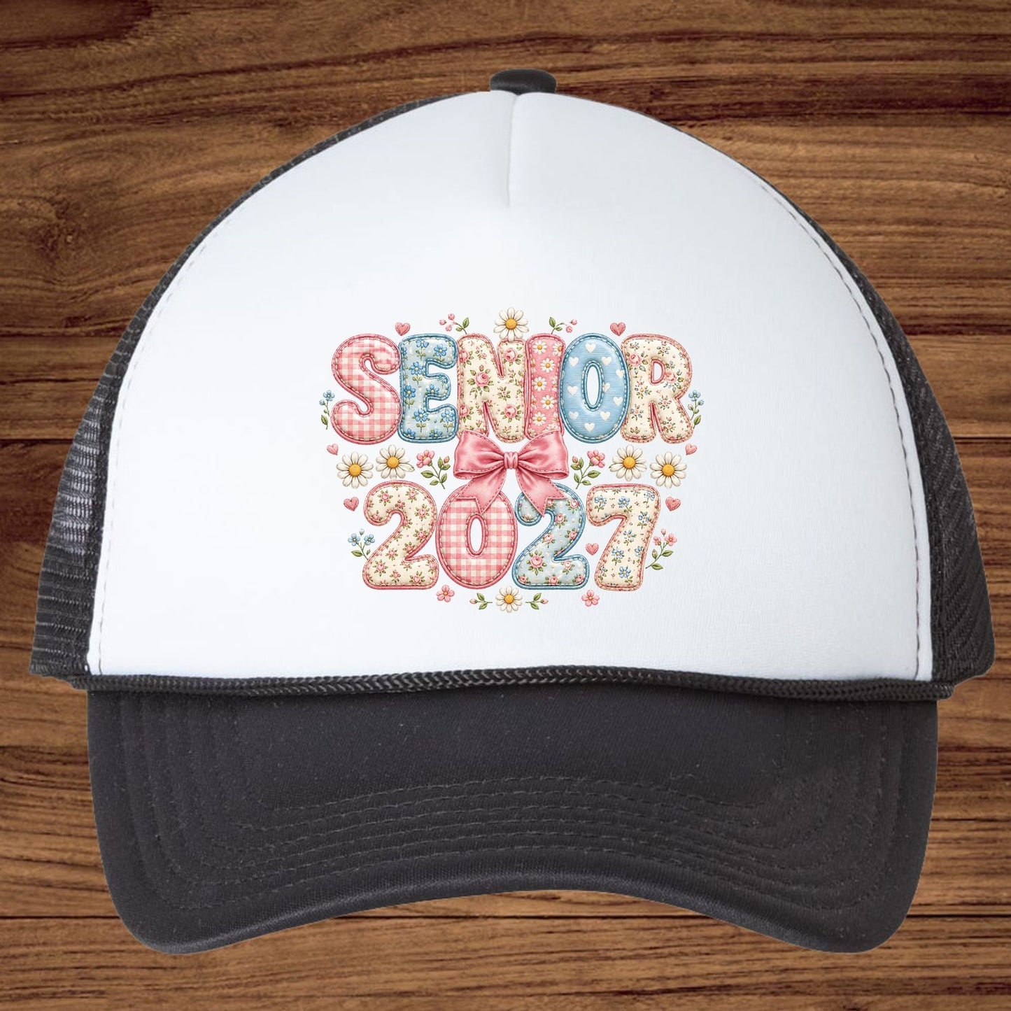 Senior 2027 DTF Transfer Ready to Press Graduation Heat Transfer for Shirts Floral Patchwork Quilted Pink Bow Daisies Graphic Tee