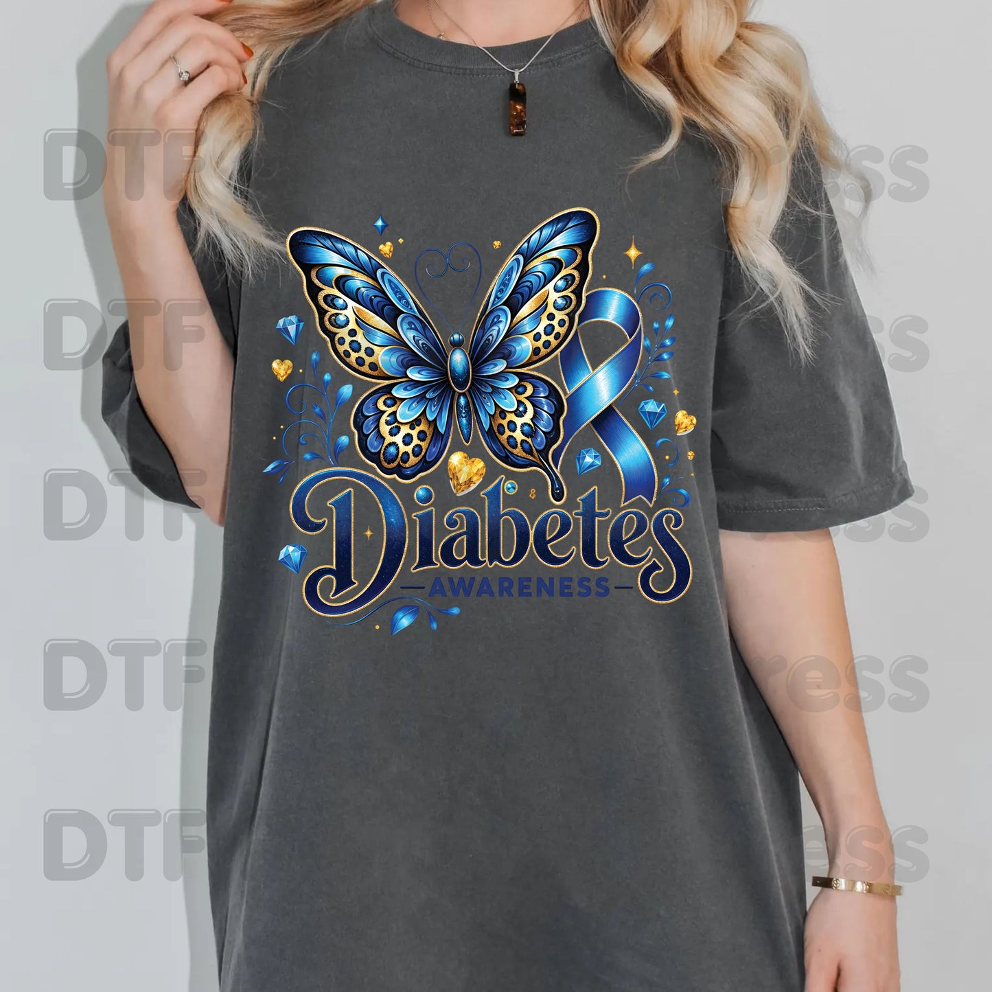 Diabetes Awareness DTF Transfer Ready to Press Blue Butterfly Ribbon Gold Gems Heat Transfer Tee Print Direct to Film Transfer