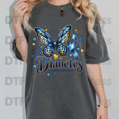 Diabetes Awareness DTF Transfer Ready to Press Blue Butterfly Ribbon Gold Gems Heat Transfer Tee Print Direct to Film Transfer