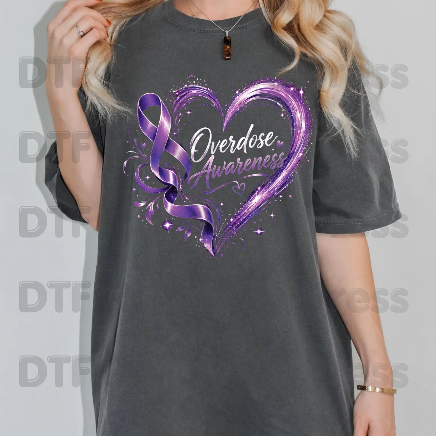 Overdose Awareness DTF Transfer Ready to Press Purple Heart Ribbon Heat Transfer Tee Print Direct to Film Transfer