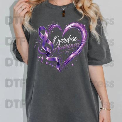 Overdose Awareness DTF Transfer Ready to Press Purple Heart Ribbon Heat Transfer Tee Print Direct to Film Transfer