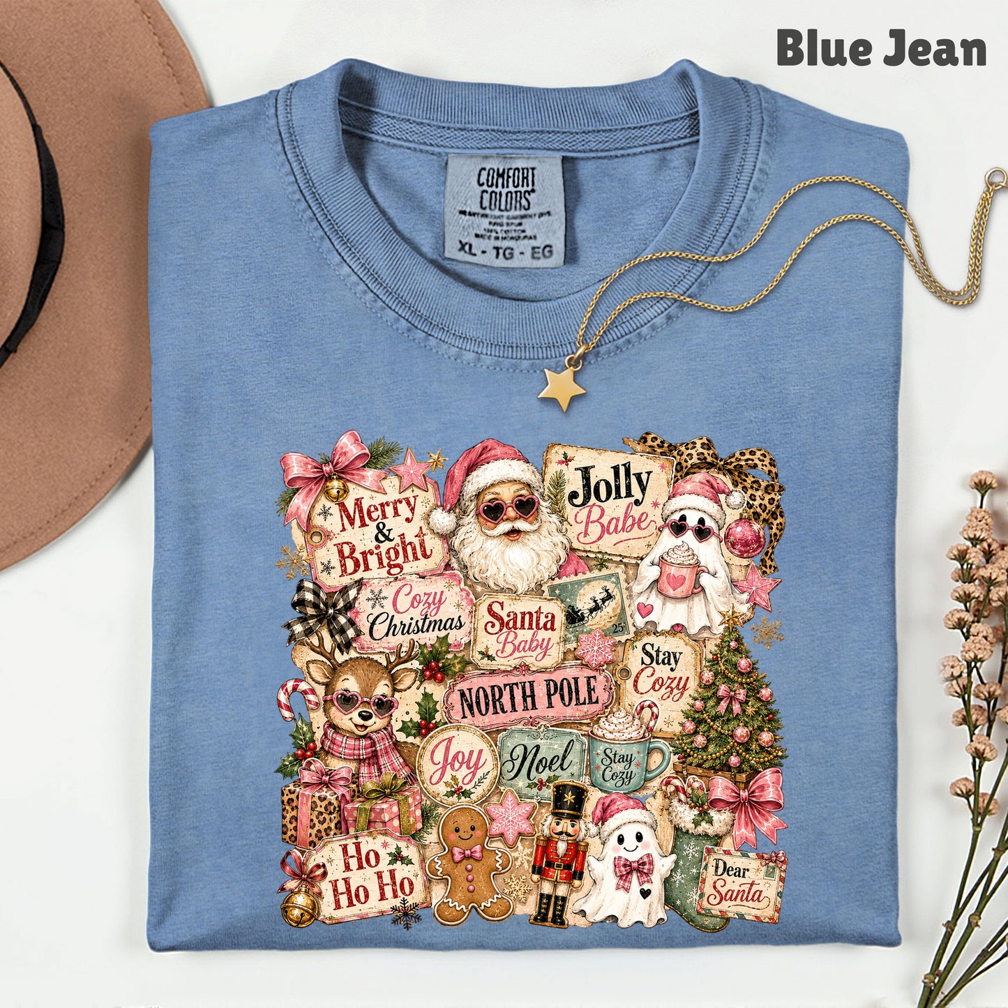 Cozy Pink Christmas Collage T-Shirt, Santa Reindeer Gingerbread Nutcracker North Pole Holiday Tee