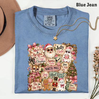 Cozy Pink Christmas Collage T-Shirt, Santa Reindeer Gingerbread Nutcracker North Pole Holiday Tee