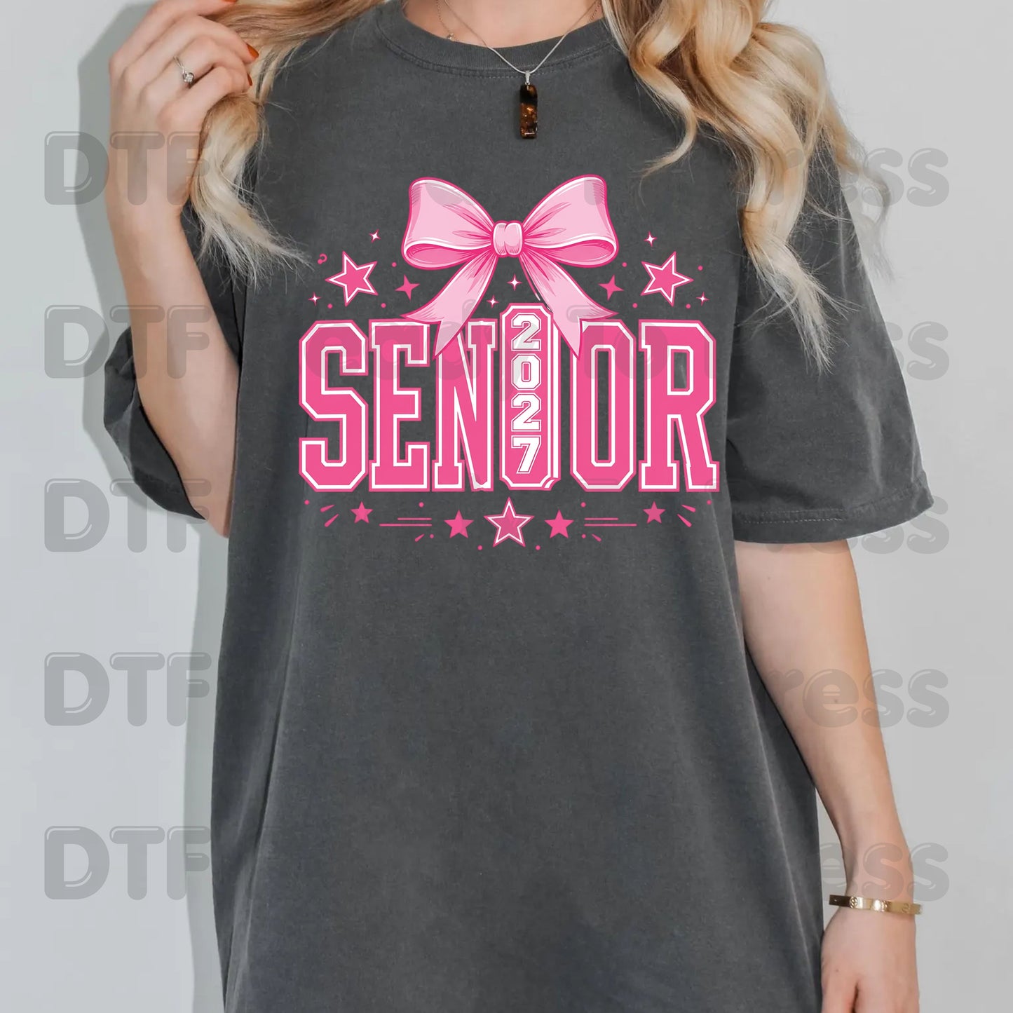 Senior 2027 DTF Transfer Ready to Press Graduation Heat Transfer for Shirts Pink Coquette Bow Varsity Letters Stars Graphic Tee