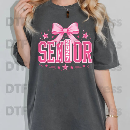 Senior 2027 DTF Transfer Ready to Press Graduation Heat Transfer for Shirts Pink Coquette Bow Varsity Letters Stars Graphic Tee