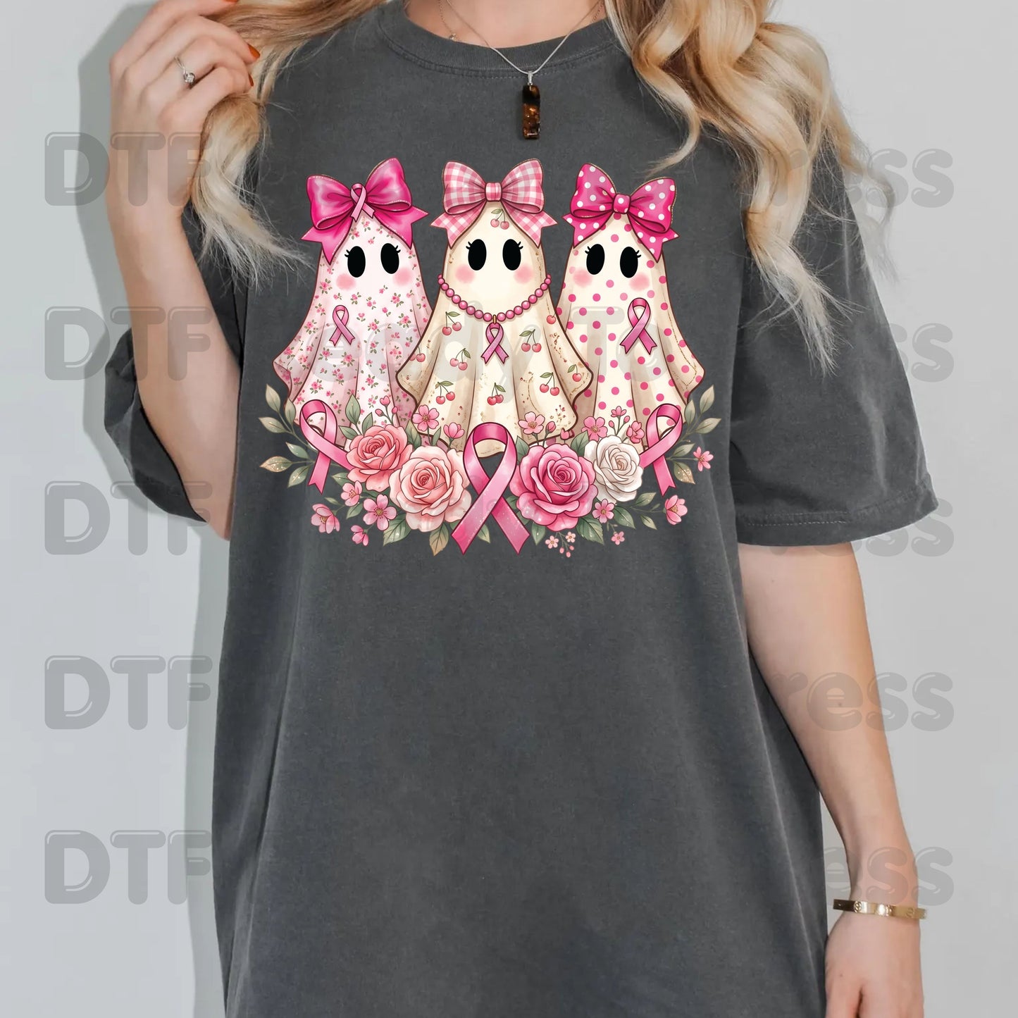 Pink Ghost Boo Crew Breast Cancer Awareness DTF Transfer Ready to Press Heat Transfer Floral Ribbon Tee